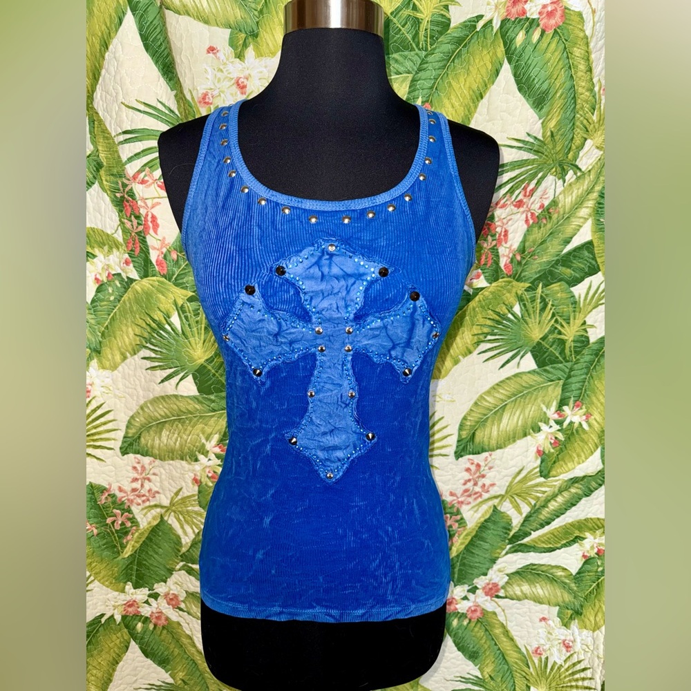 Velvet Stone Small Vibrant Blue & Silver Cross Embellished Tank Top USA MADE